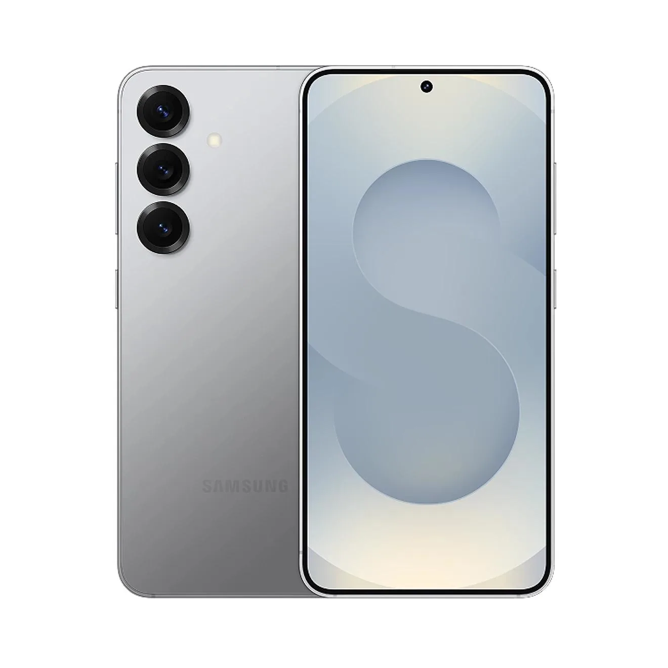 Samsung Galaxy S25 smartphone in silver, shown front and back with triple cameras